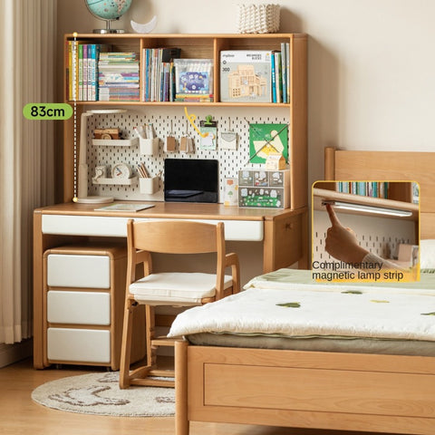 Beech Solid Wood Adjustable Height Childrens Study Desk with Bookcase and Integrated Storage Light Natural Finish