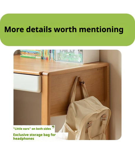 Beech Solid Wood Adjustable Height Childrens Study Desk with Bookcase and Integrated Storage Light Natural Finish