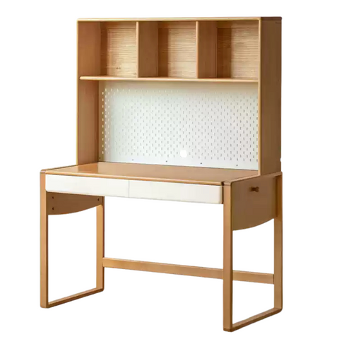 Beech Solid Wood Adjustable Height Childrens Study Desk with Bookcase and Integrated Storage Light Natural Finish