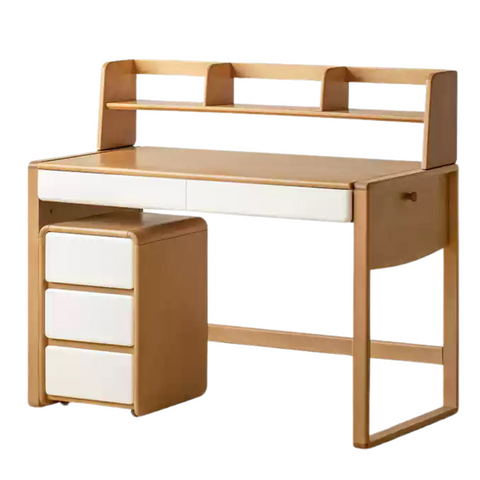 Beech Solid Wood Adjustable Height Childrens Study Desk with Bookcase and Integrated Storage Light Natural Finish