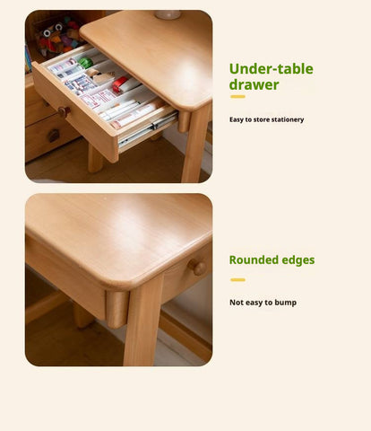 Beech Solid Wood Childrens Desk Natural Study Table with Storage Drawers for Boys & Girls Home Learning