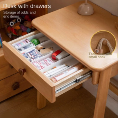 Beech Solid Wood Childrens Desk Natural Study Table with Storage Drawers for Boys & Girls Home Learning