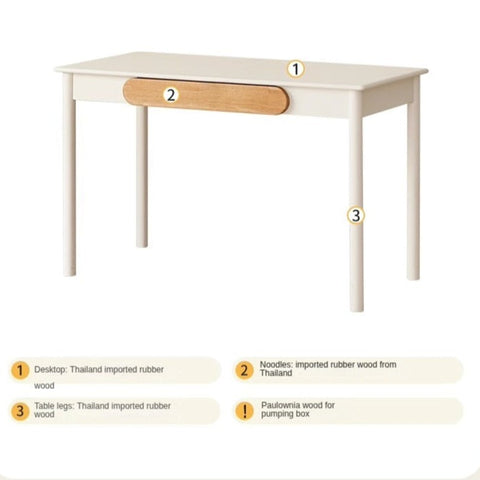 Solid Rubber Wood Cream White Childrens Writing Desk with Drawer for Study and Reading