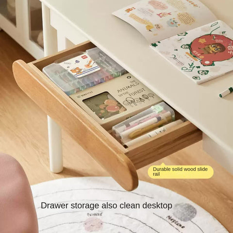 Solid Rubber Wood Cream White Childrens Writing Desk with Drawer for Study and Reading