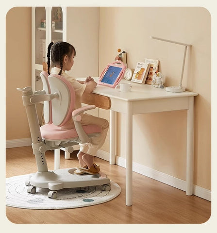 Solid Rubber Wood Cream White Childrens Writing Desk with Drawer for Study and Reading