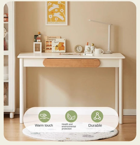 Solid Rubber Wood Cream White Childrens Writing Desk with Drawer for Study and Reading