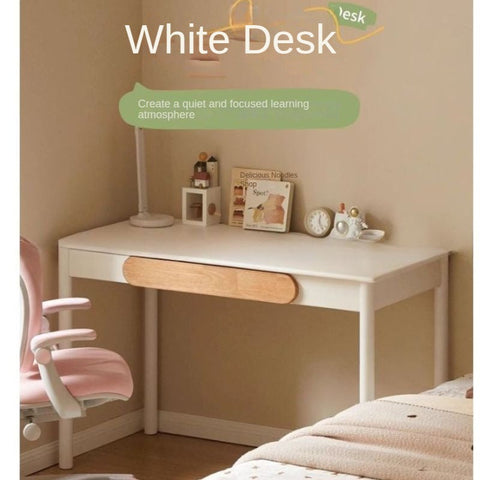 Solid Rubber Wood Cream White Childrens Writing Desk with Drawer for Study and Reading