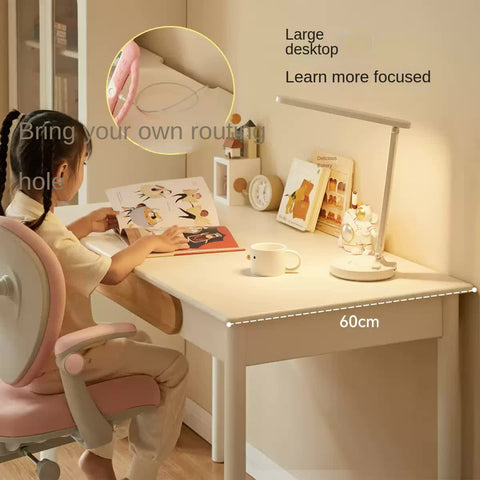 Solid Rubber Wood Cream White Childrens Writing Desk with Drawer for Study and Reading