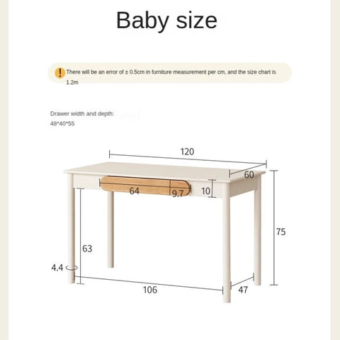 Solid Rubber Wood Cream White Childrens Writing Desk with Drawer for Study and Reading
