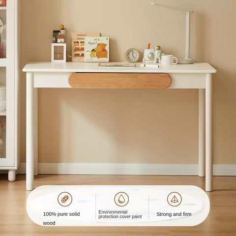 Solid Rubber Wood Cream White Childrens Writing Desk with Drawer for Study and Reading