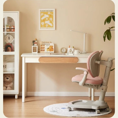 Solid Rubber Wood Cream White Childrens Writing Desk with Drawer for Study and Reading