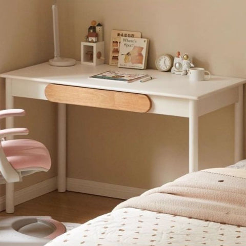 Solid Rubber Wood Cream White Childrens Writing Desk with Drawer for Study and Reading
