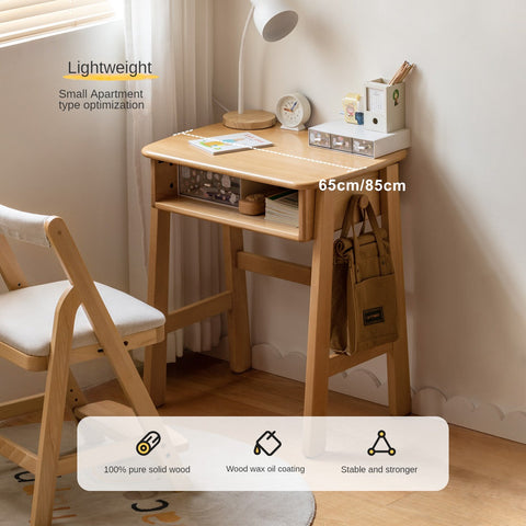 Beech Solid Wood Kids Desk Natural Finish Children Study Table with Storage for Small Spaces