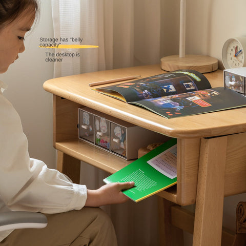 Beech Solid Wood Kids Desk Natural Finish Children Study Table with Storage for Small Spaces