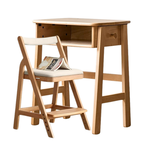 Beech Solid Wood Kids Desk Natural Finish Children Study Table with Storage for Small Spaces