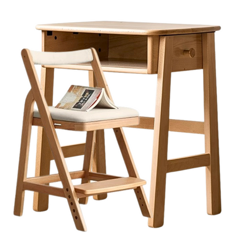 Beech Solid Wood Kids Desk Natural Finish Children Study Table with Storage for Small Spaces