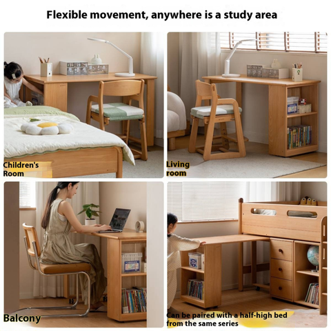 Beech Solid Wood Kids Desk with Movable Storage Natural Finish Study Table with Pulleys