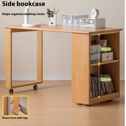 Beech Solid Wood Kids Desk with Movable Storage Natural Finish Study Table with Pulleys