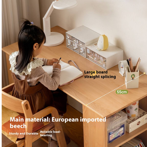 Beech Solid Wood Kids Desk with Movable Storage Natural Finish Study Table with Pulleys