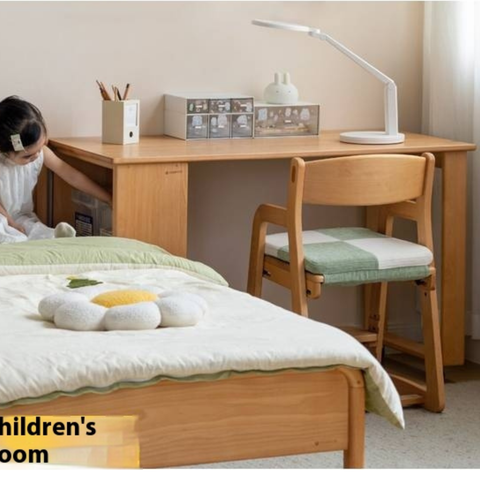 Beech Solid Wood Kids Desk with Movable Storage Natural Finish Study Table with Pulleys