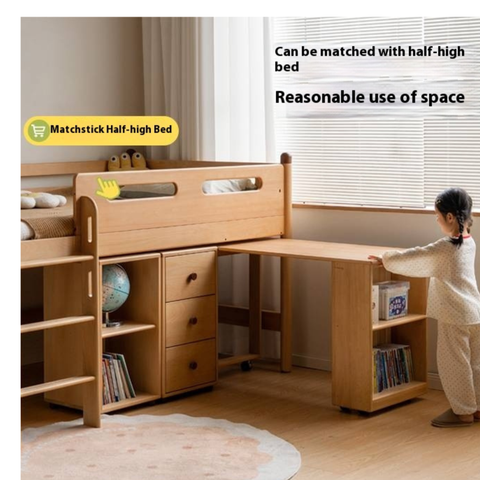 Beech Solid Wood Kids Desk with Movable Storage Natural Finish Study Table with Pulleys