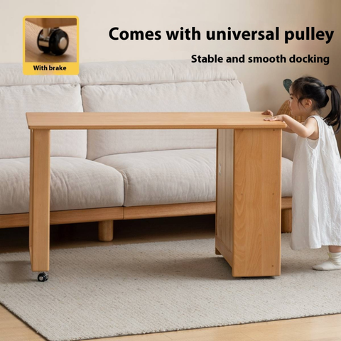 Beech Solid Wood Kids Desk with Movable Storage Natural Finish Study Table with Pulleys