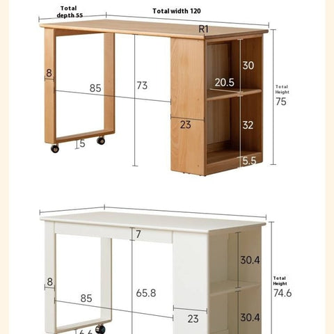 Beech Solid Wood Kids Desk with Movable Storage Natural Finish Study Table with Pulleys