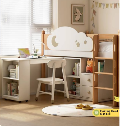 Beech Solid Wood Kids Desk with Movable Storage Natural Finish Study Table with Pulleys