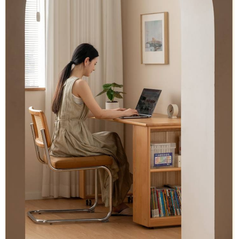 Beech Solid Wood Kids Desk with Movable Storage Natural Finish Study Table with Pulleys