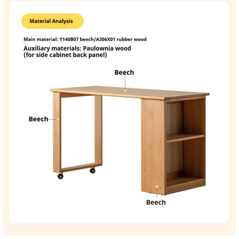 Beech Solid Wood Kids Desk with Movable Storage Natural Finish Study Table with Pulleys