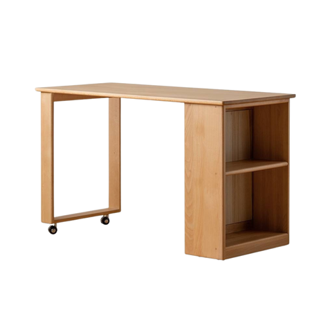 Beech Solid Wood Kids Desk with Movable Storage Natural Finish Study Table with Pulleys