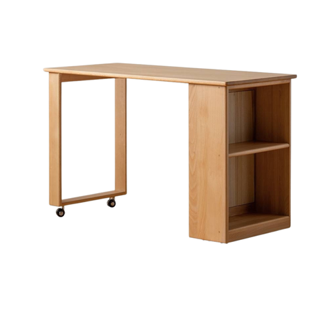 Beech Solid Wood Kids Desk with Movable Storage Natural Finish Study Table with Pulleys