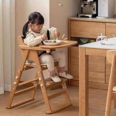 Beech Solid Wood Adjustable Baby Dining Chair Natural Finish Foldable & Safe Child Seat