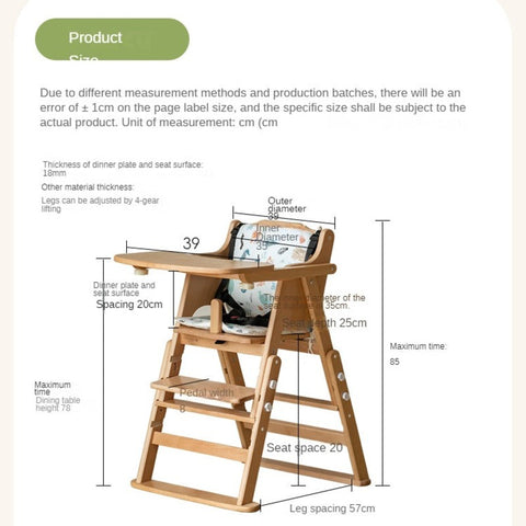 Beech Solid Wood Adjustable Baby Dining Chair Natural Finish Foldable & Safe Child Seat