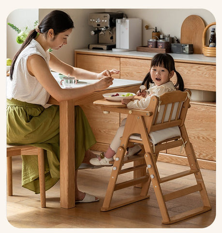 Beech Solid Wood Adjustable Baby Dining Chair Natural Finish Foldable & Safe Child Seat