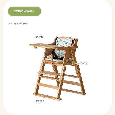 Beech Solid Wood Adjustable Baby Dining Chair Natural Finish Foldable & Safe Child Seat