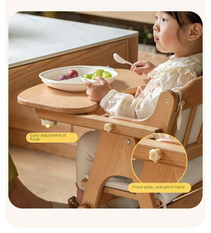 Beech Solid Wood Adjustable Baby Dining Chair Natural Finish Foldable & Safe Child Seat