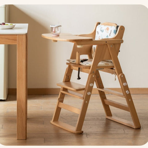 Beech Solid Wood Adjustable Baby Dining Chair Natural Finish Foldable & Safe Child Seat