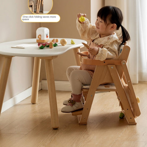 Beech Solid Wood Adjustable Baby Dining Chair Natural Finish Foldable & Safe Child Seat