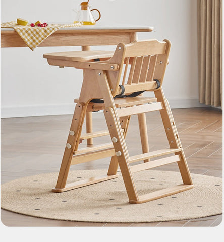 Beech Solid Wood Adjustable Baby Dining Chair Natural Finish Foldable & Safe Child Seat