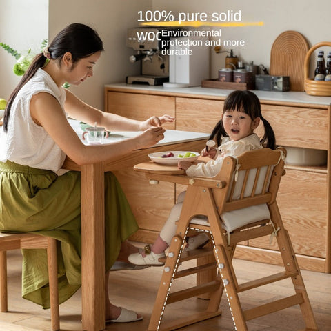Beech Solid Wood Adjustable Baby Dining Chair Natural Finish Foldable & Safe Child Seat