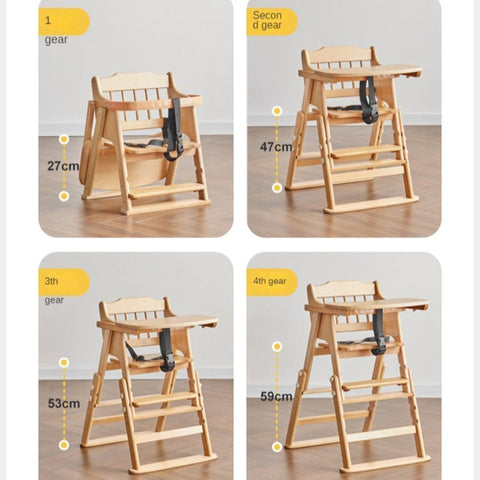 Beech Solid Wood Adjustable Baby Dining Chair Natural Finish Foldable & Safe Child Seat