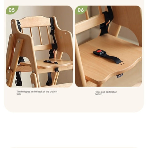 Beech Solid Wood Adjustable Baby Dining Chair Natural Finish Foldable & Safe Child Seat
