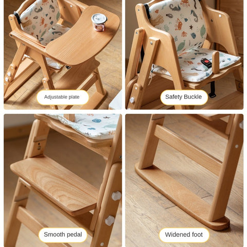 Beech Solid Wood Adjustable Baby Dining Chair Natural Finish Foldable & Safe Child Seat