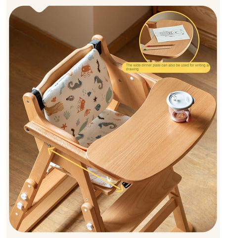 Beech Solid Wood Adjustable Baby Dining Chair Natural Finish Foldable & Safe Child Seat