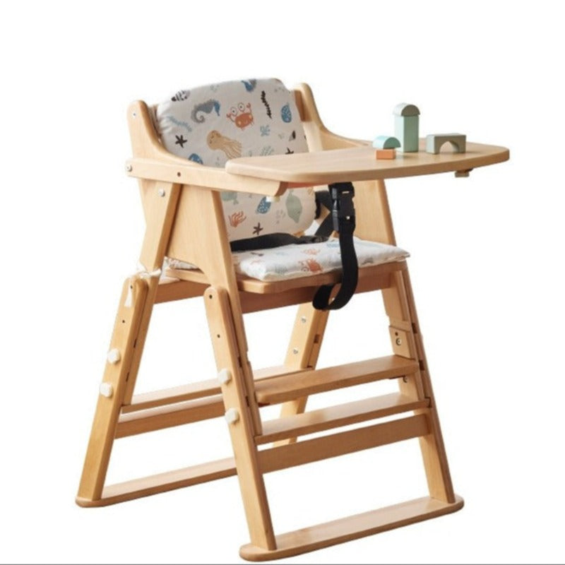 Beech Solid Wood Adjustable Baby Dining Chair Natural Finish Foldable & Safe Child Seat