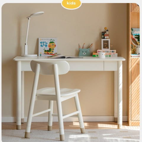 Poplar Solid Wood & Rubberwood Childrens Elevated Desk Cream White Drawer Study Table with Adjustable Height