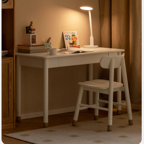 Poplar Solid Wood & Rubberwood Childrens Elevated Desk Cream White Drawer Study Table with Adjustable Height