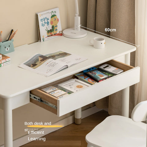 Poplar Solid Wood & Rubberwood Childrens Elevated Desk Cream White Drawer Study Table with Adjustable Height