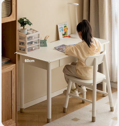 Poplar Solid Wood & Rubberwood Childrens Elevated Desk Cream White Drawer Study Table with Adjustable Height